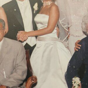 Amsale designer Ivory with Champagne Sash Wedding Gown (size 4-6)